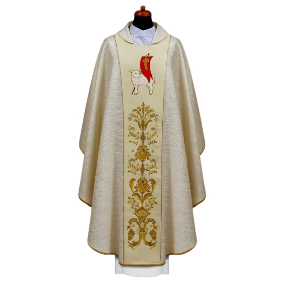 Easter chasuble with embroidered image of the Lamb of God and IHS