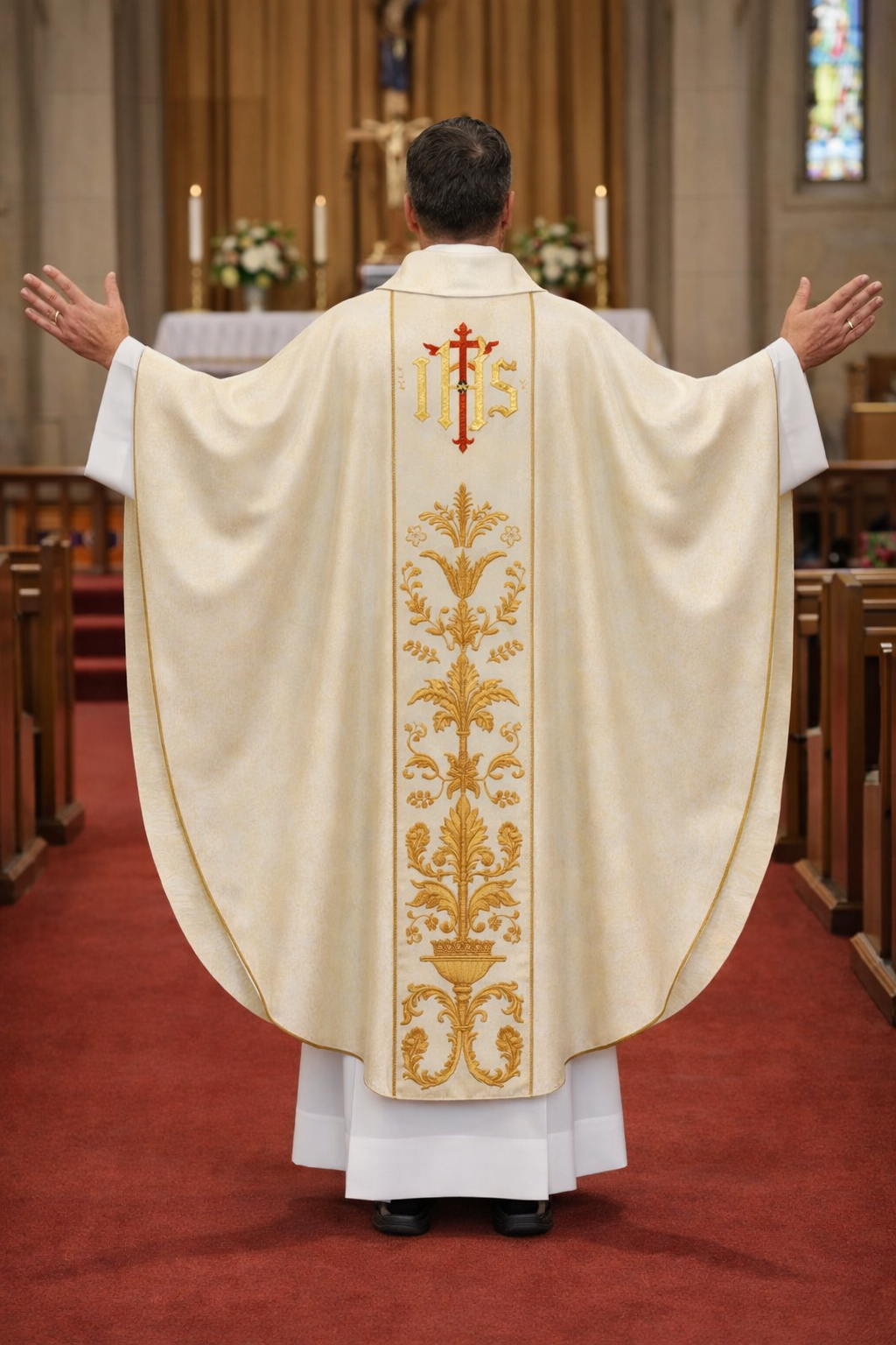 Priest in a ivory good shepherd chasuble with gold embroidery in a church setting