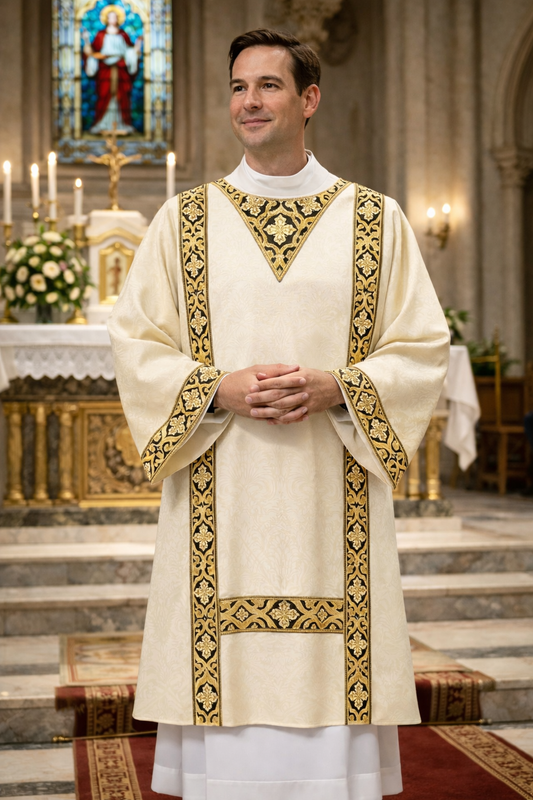 Deacon in ornate dalmatic standing in a church with stained glass and altar in the background