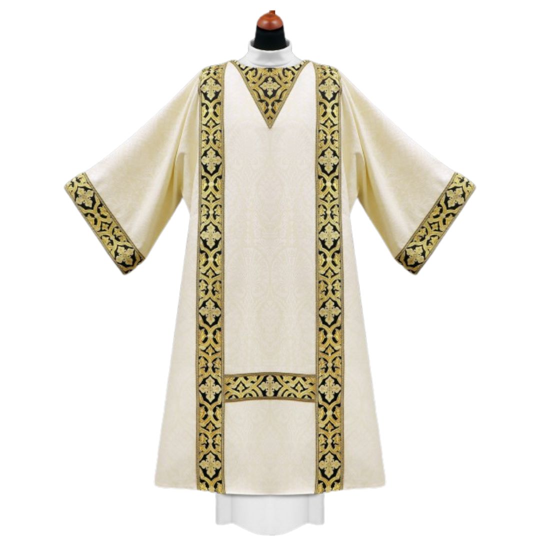 Deacon dalmatic with black and gold brocade bands. Made in Poland and sold by The Clergy Store