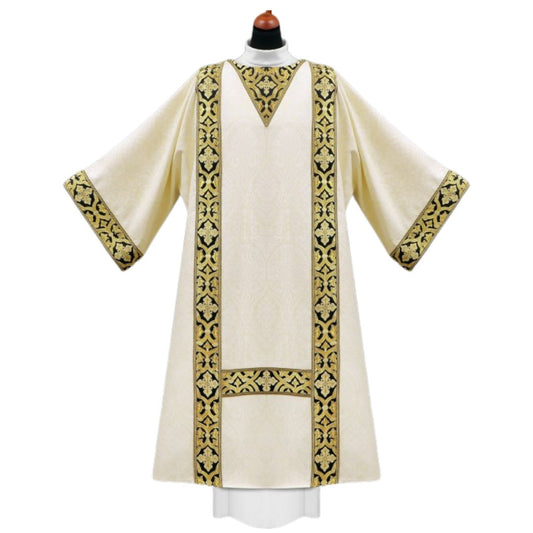 Deacon dalmatic with black and gold brocade bands. Made in Poland and sold by The Clergy Store