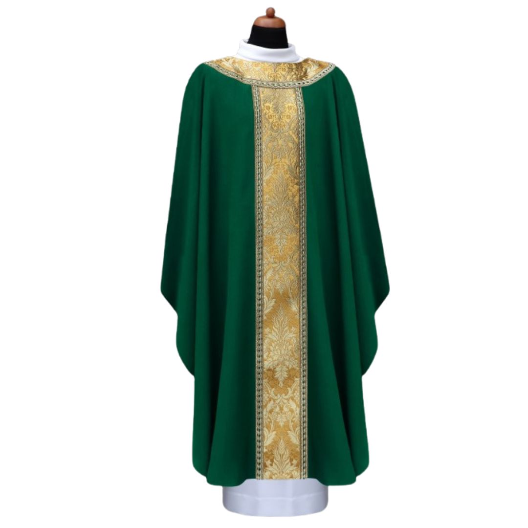 Liturgical gothic chasuble with high quality brocade orphrey and trim. No collar