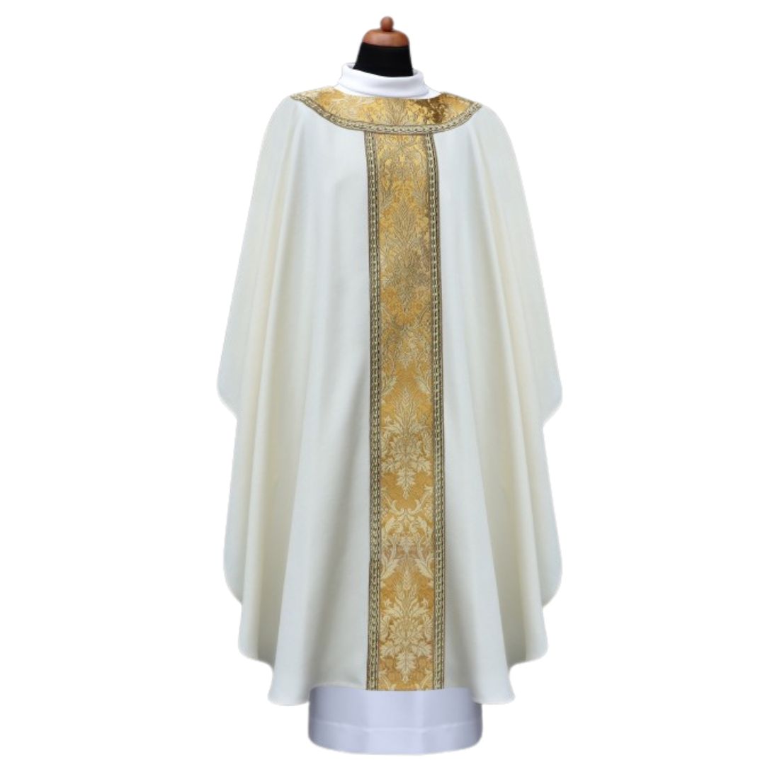 Liturgical gothic chasuble with high quality brocade orphrey and trim. No collar