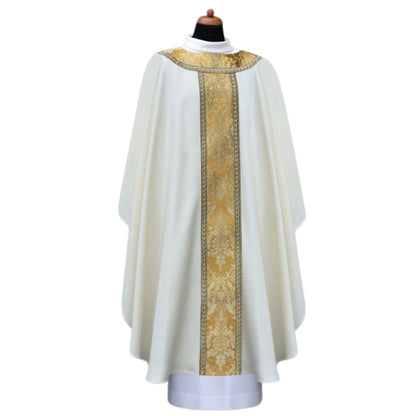 Liturgical gothic chasuble with high quality brocade orphrey and trim. No collar