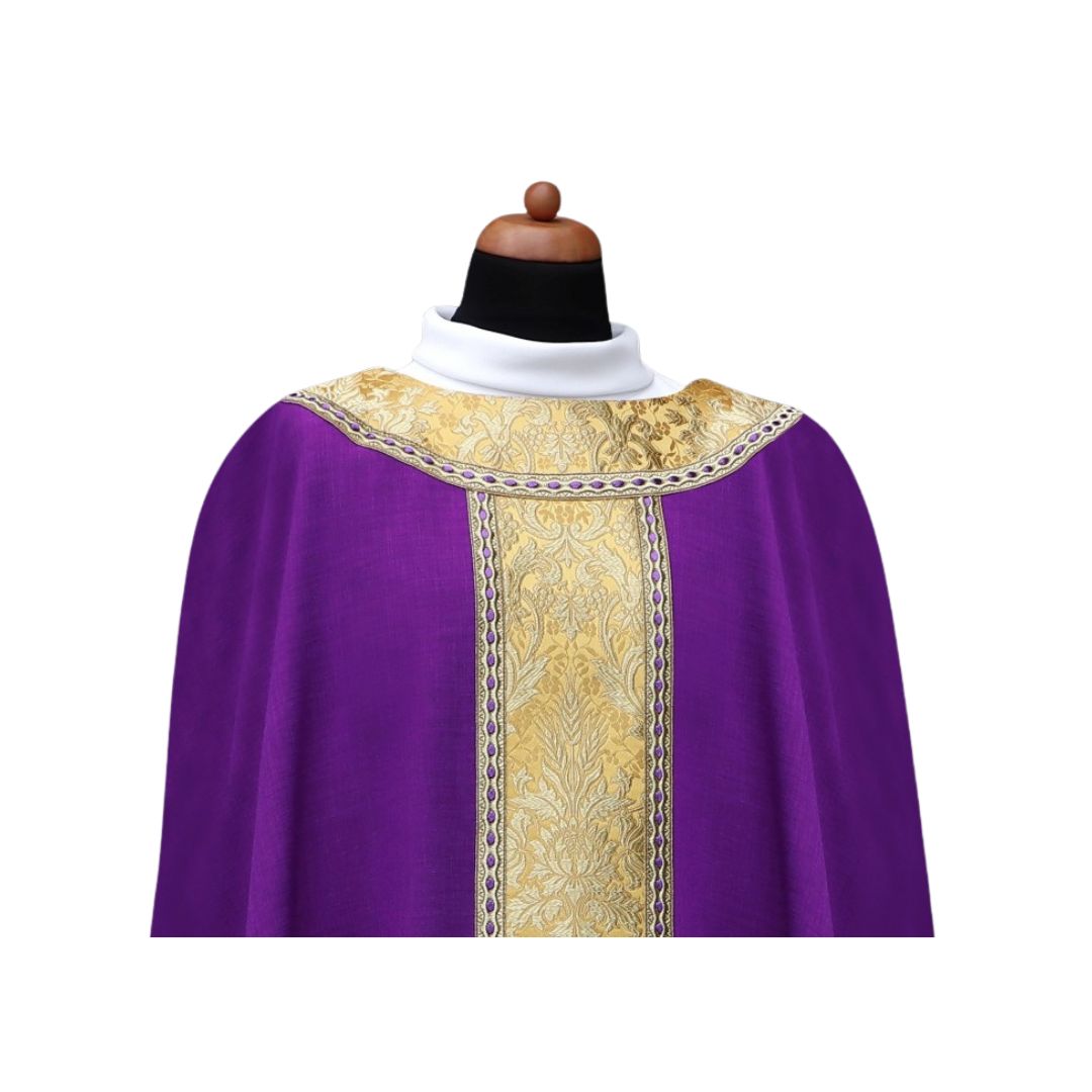 Liturgical gothic chasuble with high quality brocade orphrey and trim. No collar