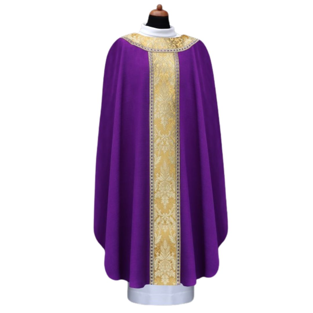 Liturgical gothic chasuble with high quality brocade orphrey and trim. No collar