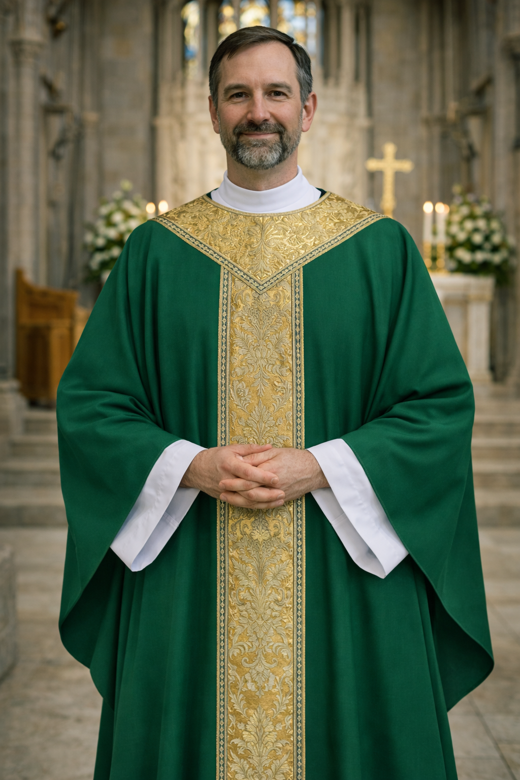 Priest in green liturgical vestment with gold embroidery in a church setting