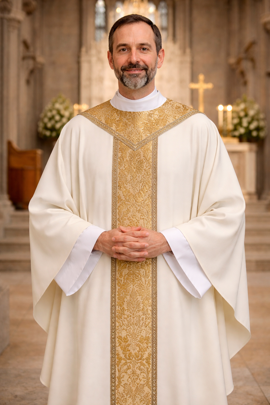 Priest in liturgical vestments standing in a church setting