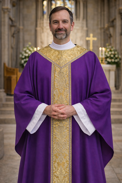 Priest in purple and gold vestment standing in a church setting