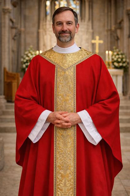 Priest in red liturgical vestment with gold embroidery in a church setting