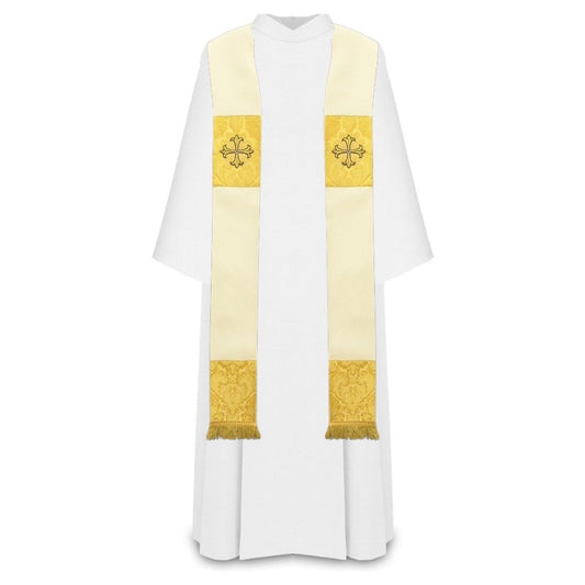 Liturgical priest stole with embroidered crosses on brocade patches and finished with tassels.