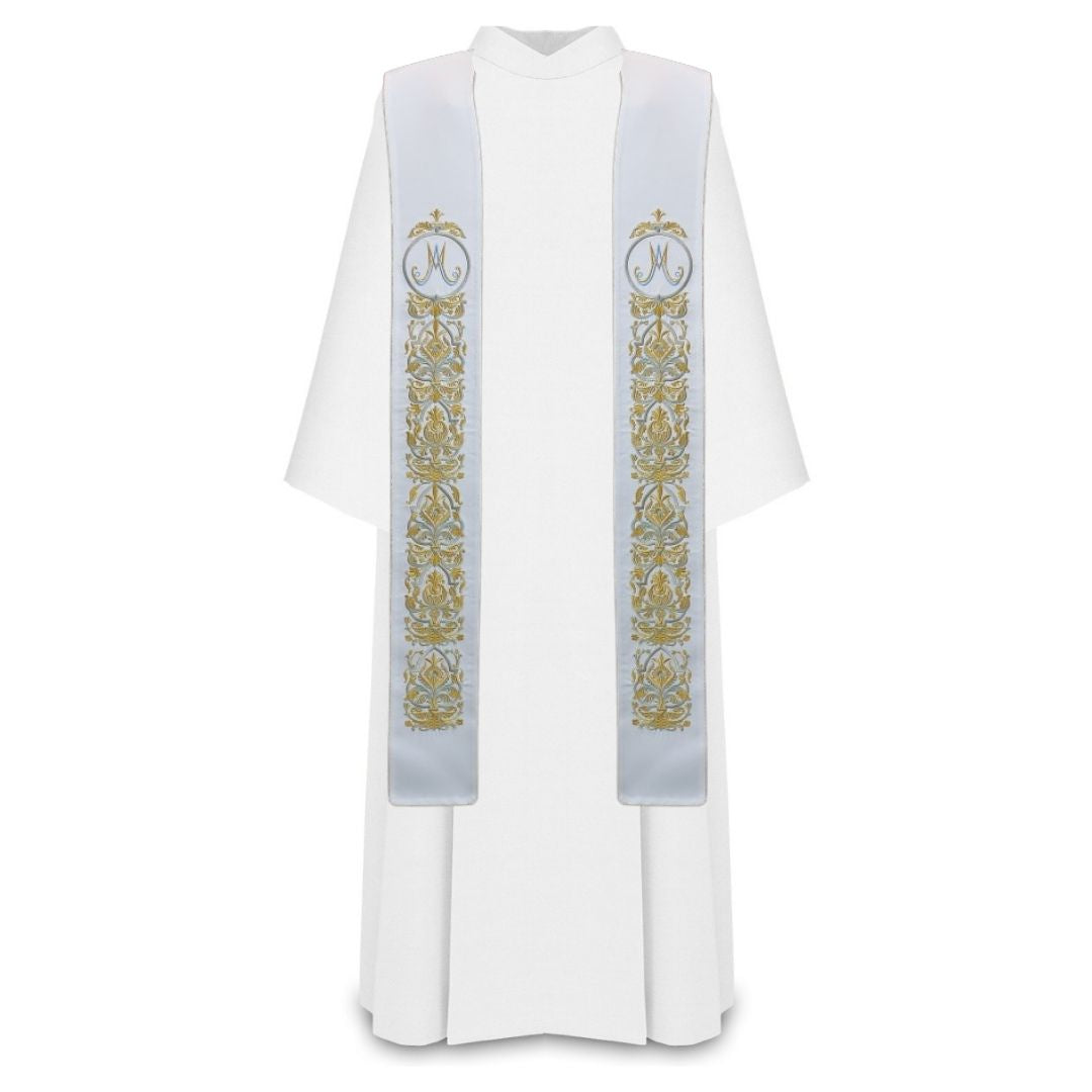 Marian priest stole with filigree embroidery on satin.