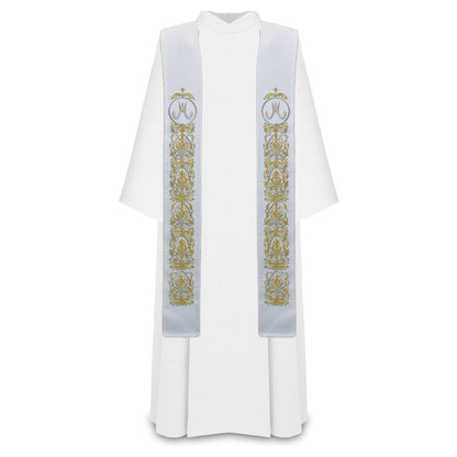 Marian priest stole with filigree embroidery on satin.