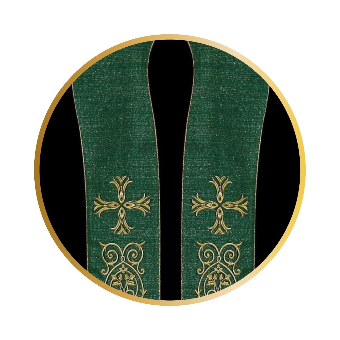 Priest overlay stole green with gold lurex thread with cross and filigree emroidery. Made in Poland and sold by The Clergy Store