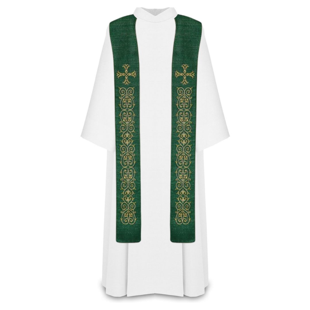 Priest overlay stole green with gold lurex thread with cross and filigree emroidery. Made in Poland and sold by The Clergy Store