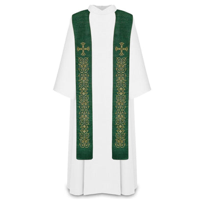 Priest overlay stole green with gold lurex thread with cross and filigree emroidery. Made in Poland and sold by The Clergy Store