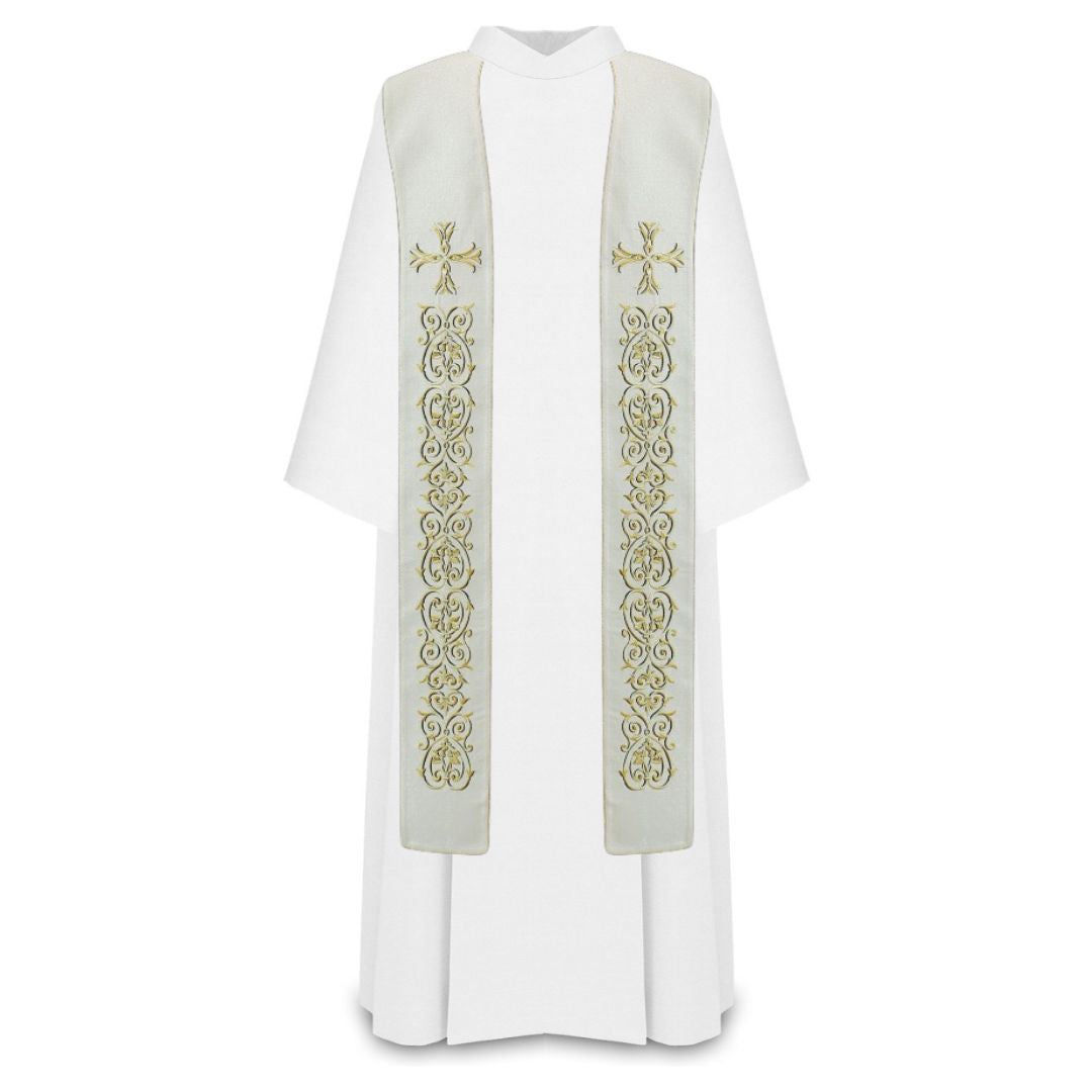 Priest overlay stole white with gold lurex thread with cross and filigree emroidery. Made in Poland and sold by The Clergy Store