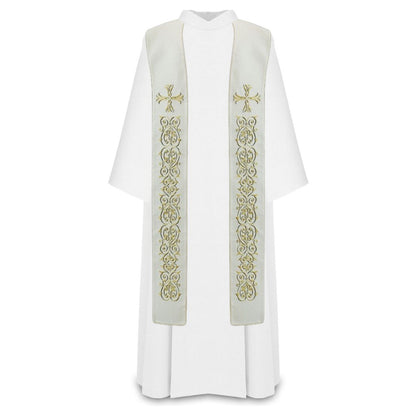 Priest overlay stole white with gold lurex thread with cross and filigree emroidery. Made in Poland and sold by The Clergy Store