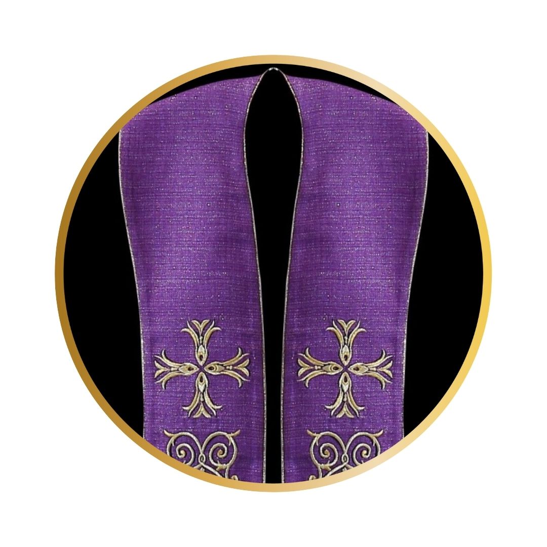 Priest overlay stole purple with gold lurex thread with cross and filigree emroidery. Made in Poland and sold by The Clergy Store