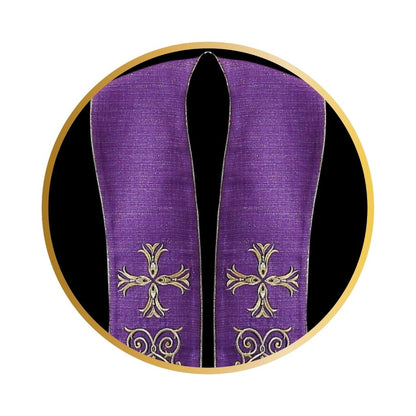 Priest overlay stole purple with gold lurex thread with cross and filigree emroidery. Made in Poland and sold by The Clergy Store