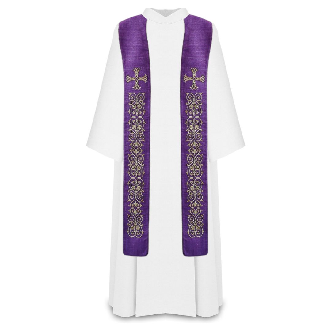 Priest overlay stole purple with gold lurex thread with cross and filigree emroidery. Made in Poland and sold by The Clergy Store