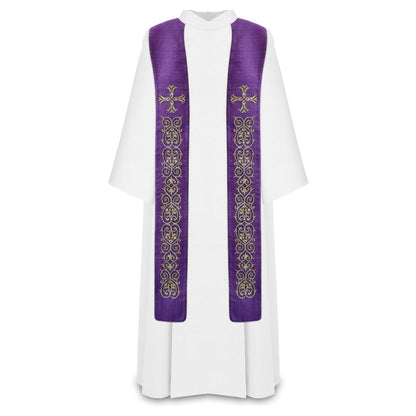 Priest overlay stole purple with gold lurex thread with cross and filigree emroidery. Made in Poland and sold by The Clergy Store