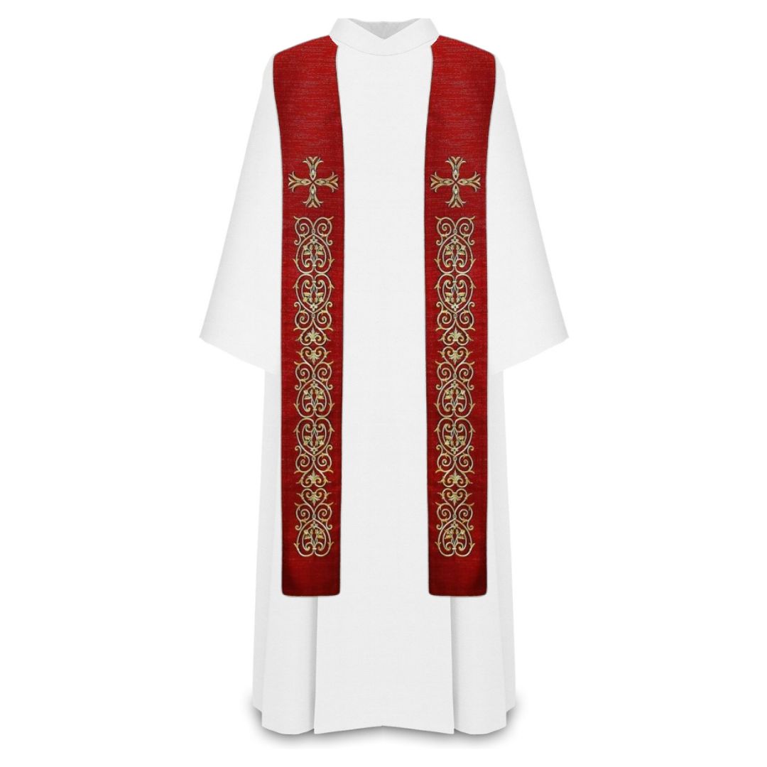Priest overlay stole red with gold lurex thread with cross and filigree emroidery. Made in Poland and sold by The Clergy Store