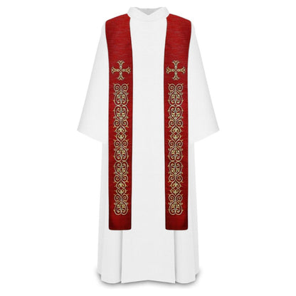 Priest overlay stole red with gold lurex thread with cross and filigree emroidery. Made in Poland and sold by The Clergy Store