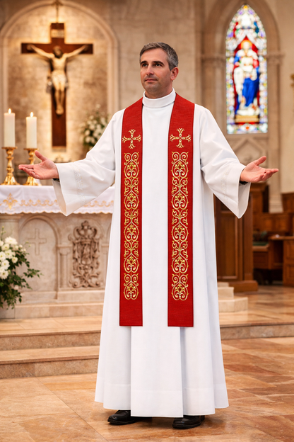 Priest in liturgical vestments standing in a church with stained glass window and altar.