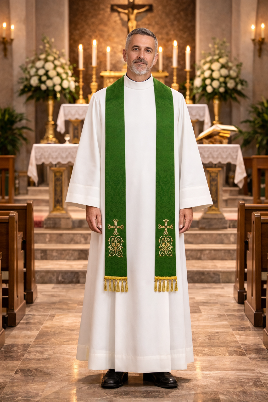 Priest in white alb wearing a green overlay stole with embroidery and tassels standing in a church with altar and candles in the background