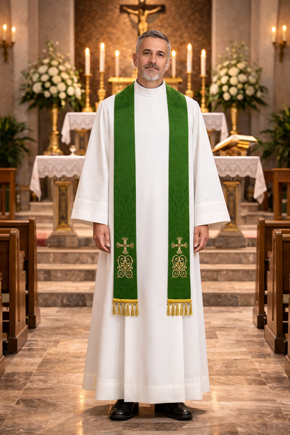 Priest in white alb wearing a green overlay stole with embroidery and tassels standing in a church with altar and candles in the background