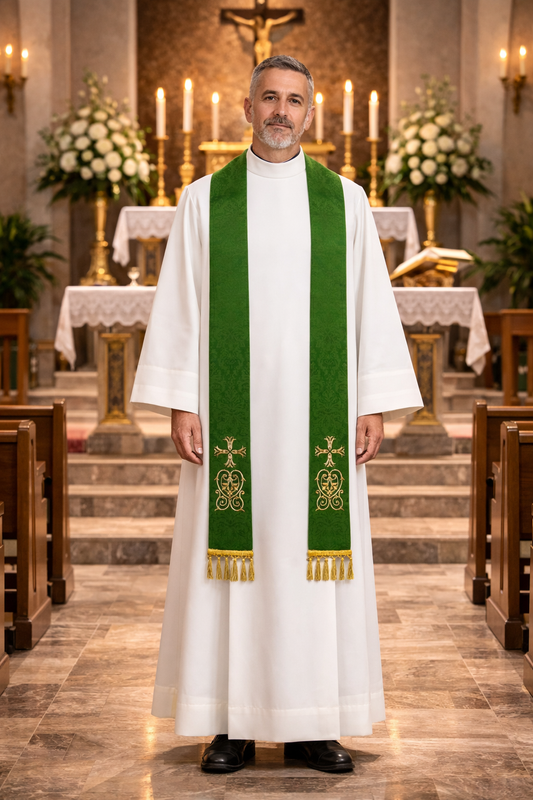 Priest in white alb wearing a green overlay stole with embroidery and tassels standing in a church with altar and candles in the background