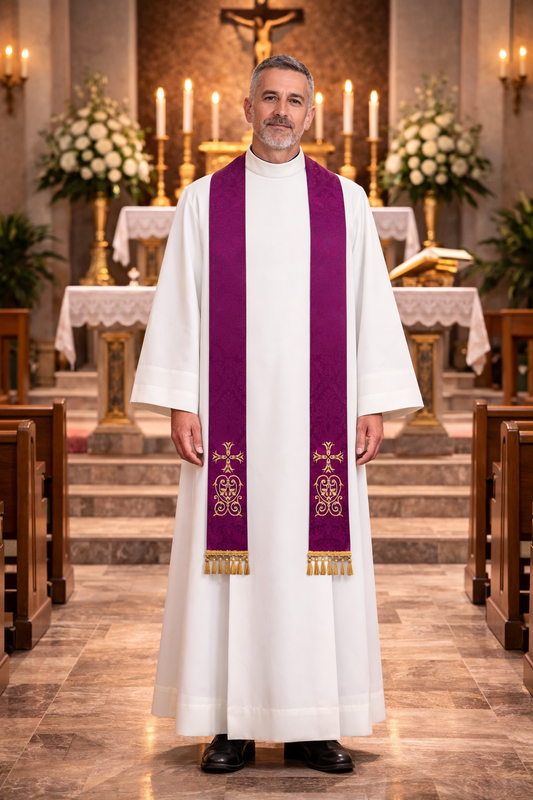 Priest in white alb wearing a purple overlay stole with embroidery and tassels standing in a church with altar and candles in the background