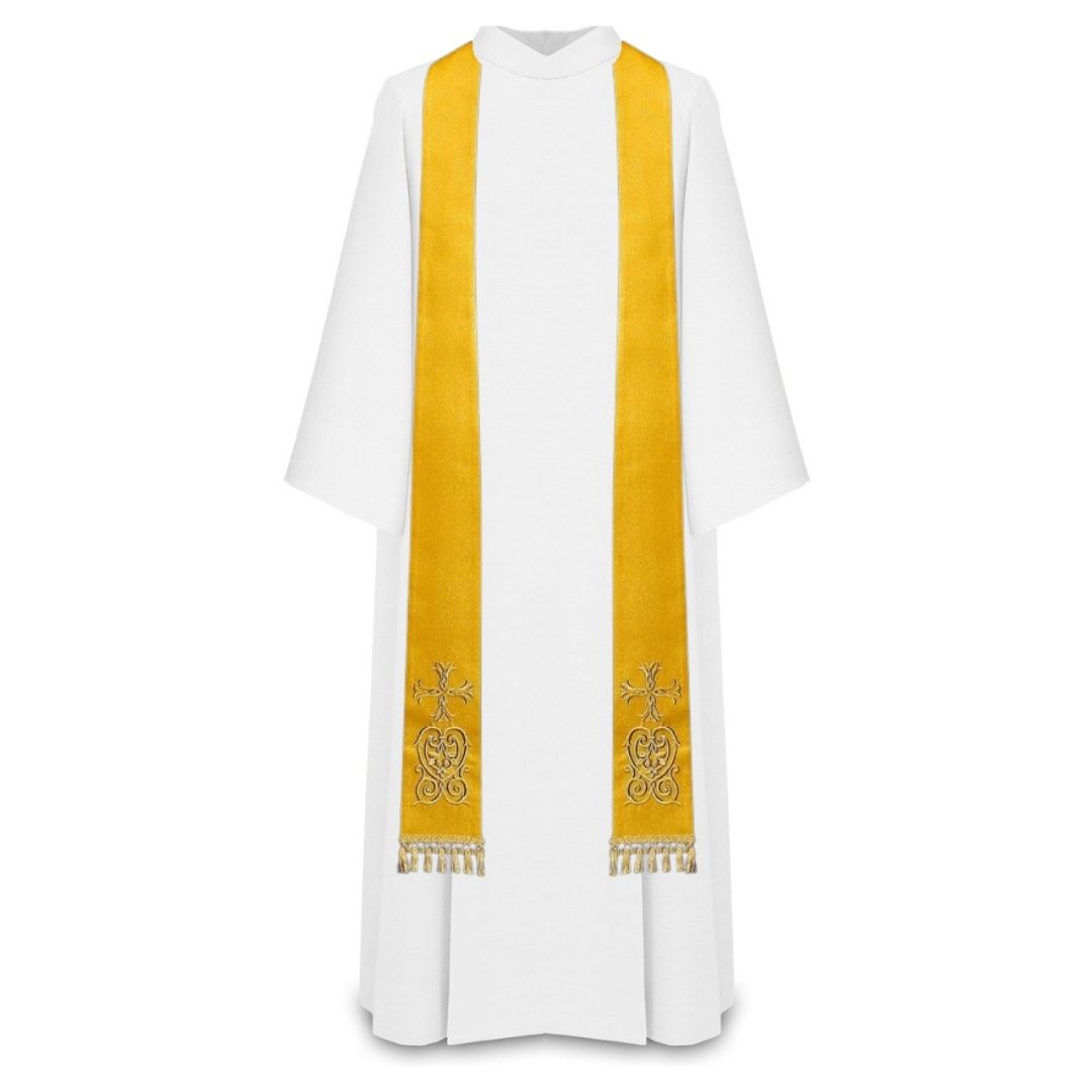 Priest sermon stole. Damask style with embroidered cross and tassels. Made in Poland and sold by The Clergy Store