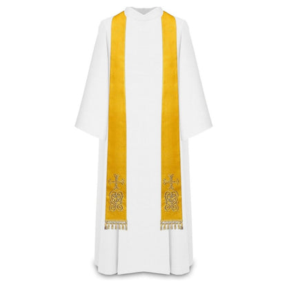 Priest sermon stole. Damask style with embroidered cross and tassels. Made in Poland and sold by The Clergy Store