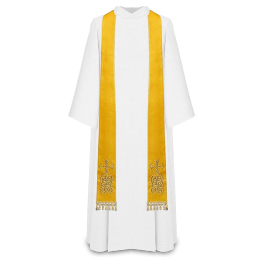 Priest sermon stole. Damask style with embroidered cross and tassels. Made in Poland and sold by The Clergy Store