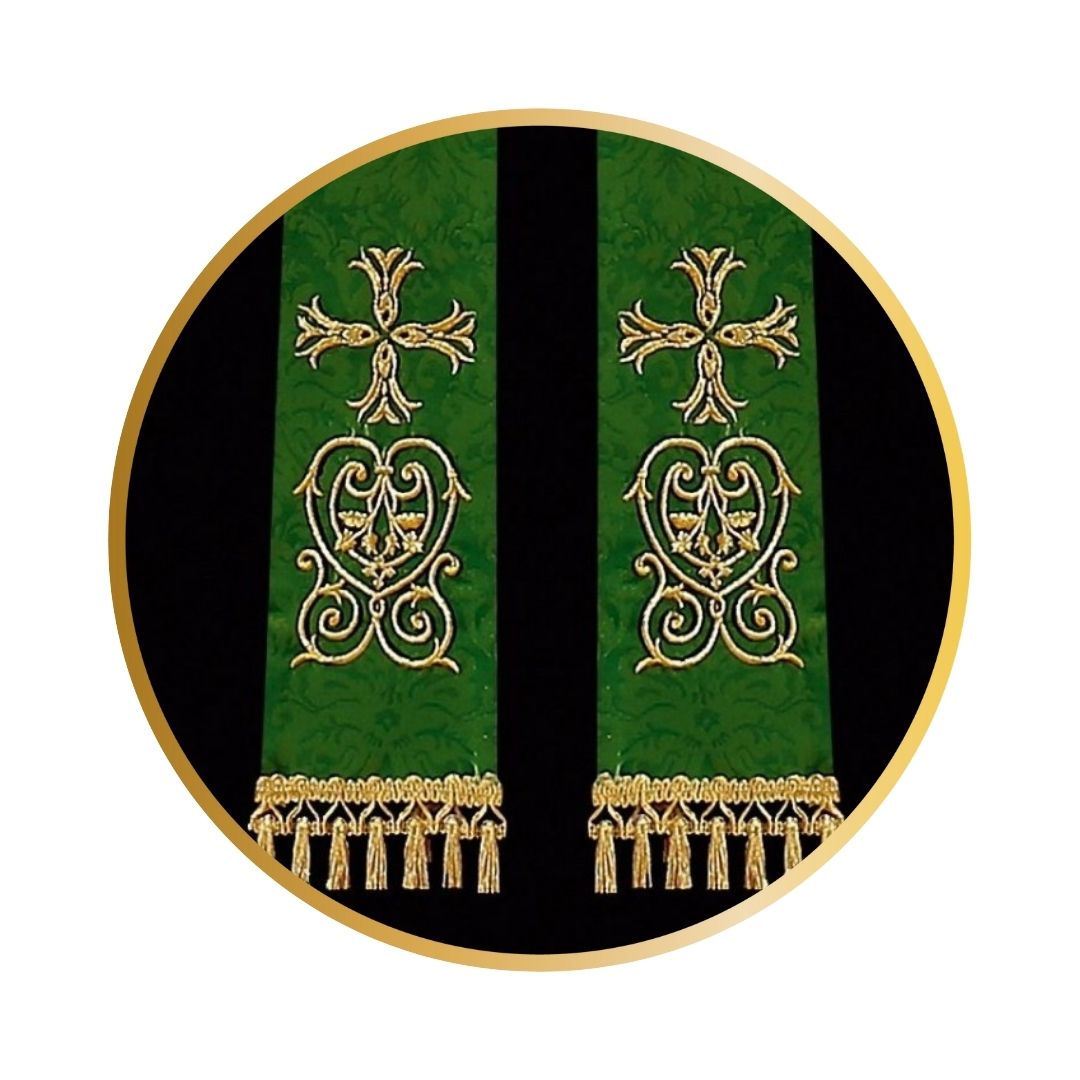 Priest sermon stole. Damask style with embroidered cross and tassels. Made in Poland and sold by The Clergy Store