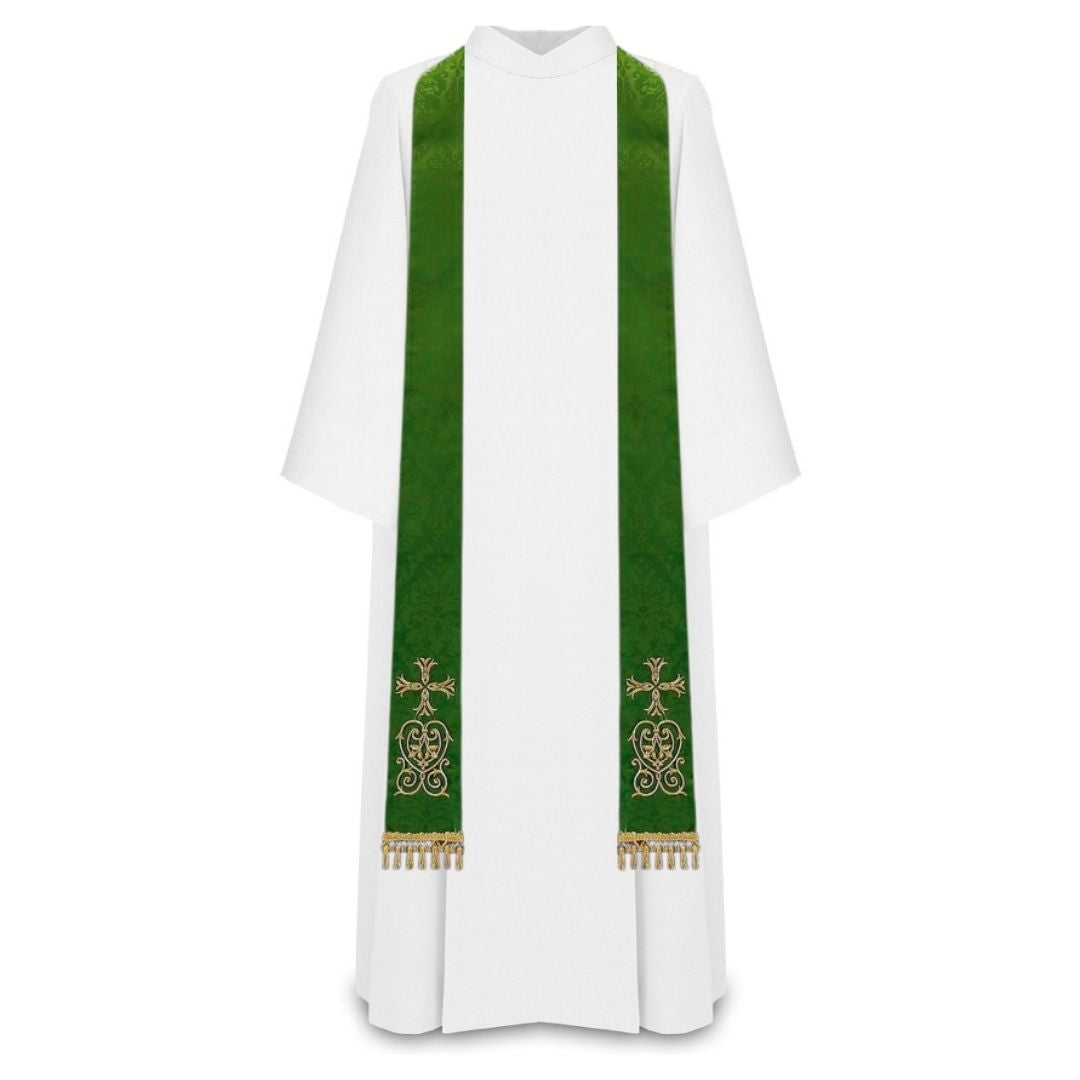 Priest sermon stole. Damask style with embroidered cross and tassels. Made in Poland and sold by The Clergy Store