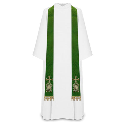 Priest sermon stole. Damask style with embroidered cross and tassels. Made in Poland and sold by The Clergy Store