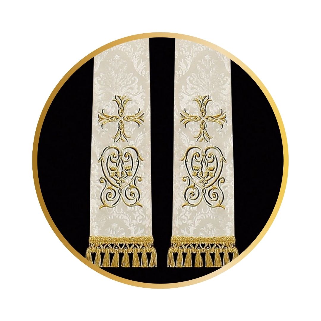 Priest sermon stole. Damask style with embroidered cross and tassels. Made in Poland and sold by The Clergy Store