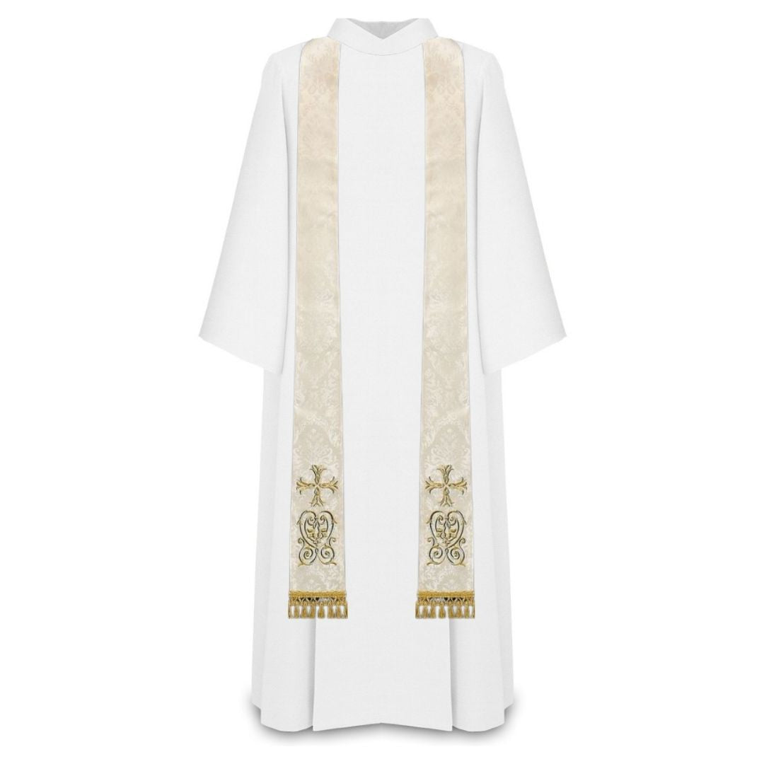Priest sermon stole. Damask style with embroidered cross and tassels. Made in Poland and sold by The Clergy Store