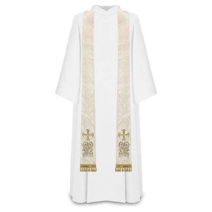 Priest sermon stole. Damask style with embroidered cross and tassels. Made in Poland and sold by The Clergy Store