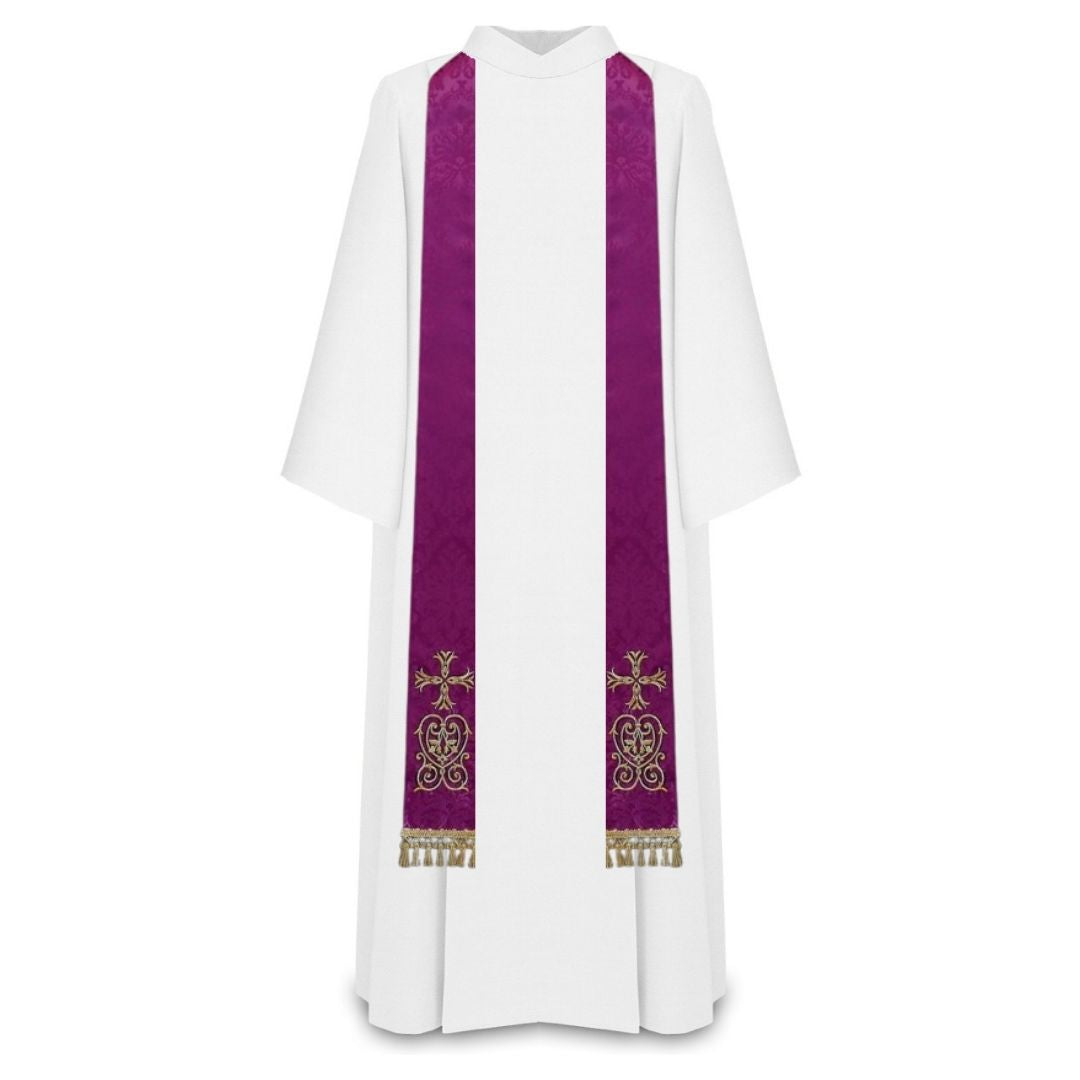 Priest sermon stole. Damask style with embroidered cross and tassels. Made in Poland and sold by The Clergy Store