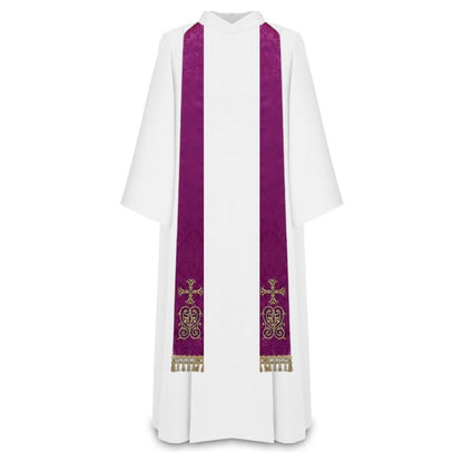 Priest sermon stole. Damask style with embroidered cross and tassels. Made in Poland and sold by The Clergy Store