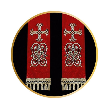 Priest sermon stole. Damask style with embroidered cross and tassels. Made in Poland and sold by The Clergy Store