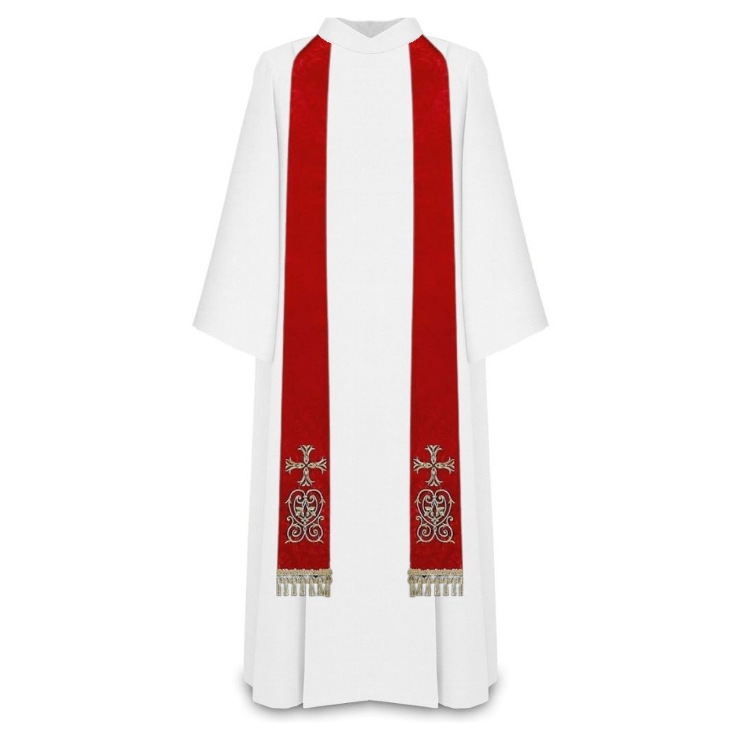 Priest sermon stole. Damask style with embroidered cross and tassels. Made in Poland and sold by The Clergy Store