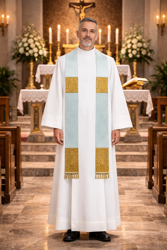 Priest in white alb with gold Angel brocade accents standing in a church setting