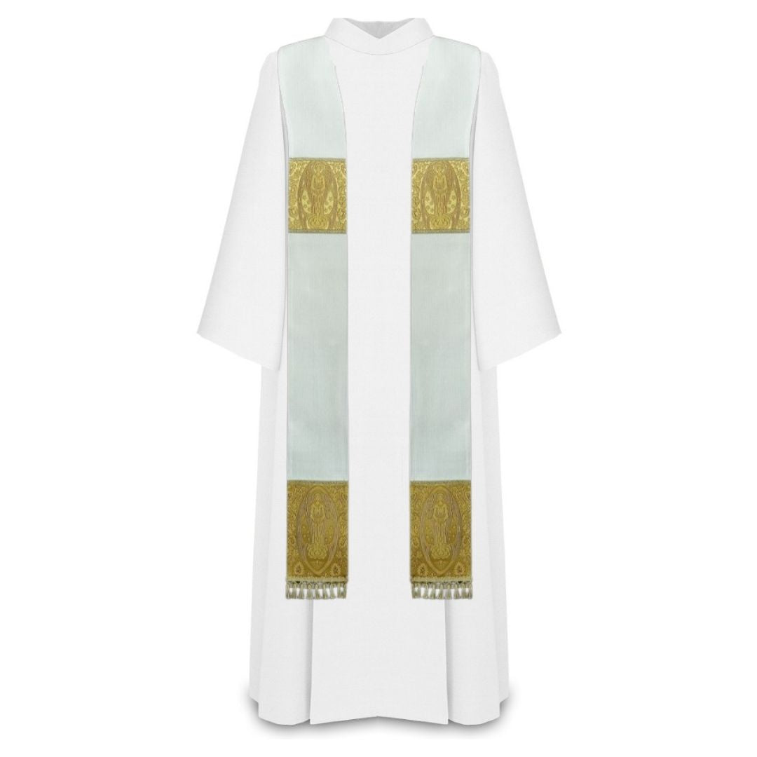 Liturgical priest stole with Angels brocade and trimmed with tassels on the bottom. 