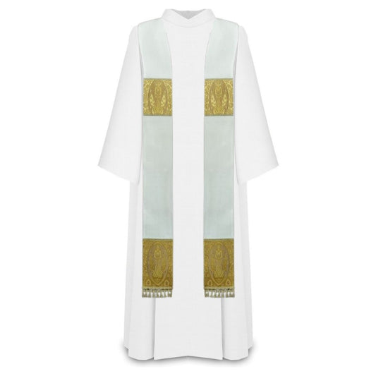 Liturgical priest stole with Angels brocade and trimmed with tassels on the bottom. 