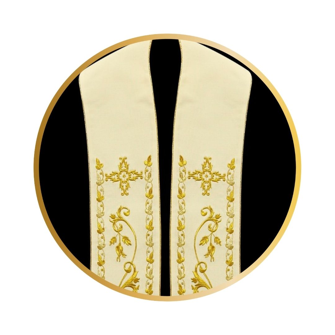 Liturgical stoles for priest or deacons. Embroidered cross with grape vines in gold thread. Made in Poland and sold by The Clergy Store